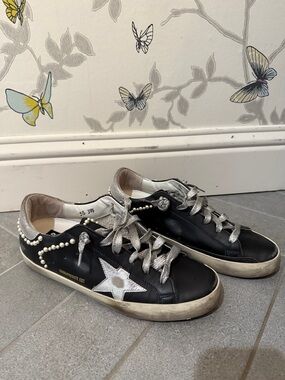 Golden Goose Black and Silver Pearl-Trim Low-Top Sneakers size 39